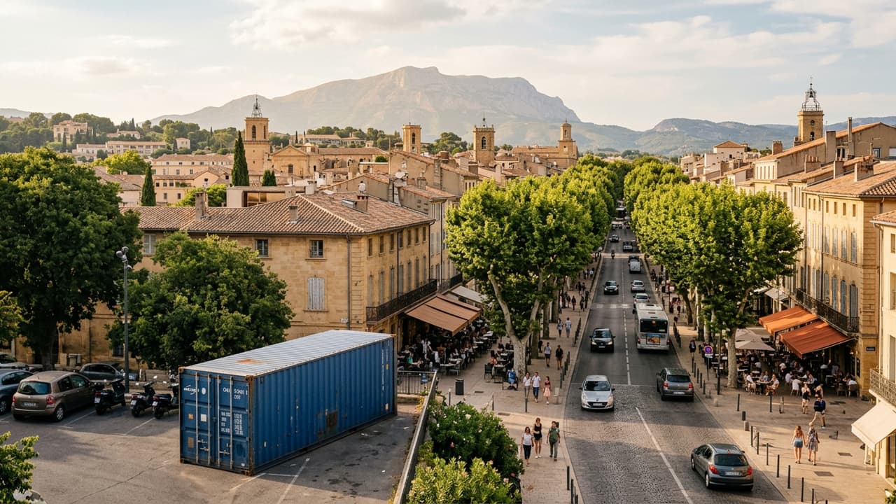 Panorama de Aix-en-Provence avec zone logistique portuaire ou industrielle en avant-plan
