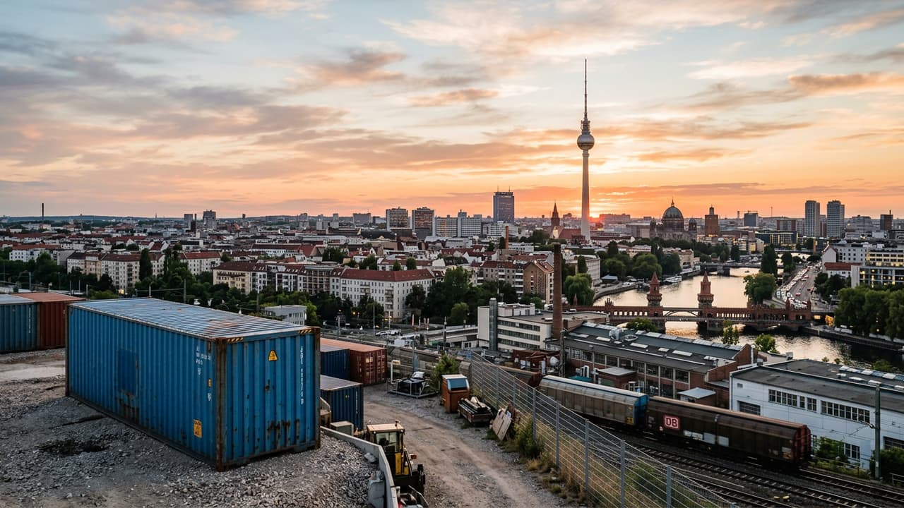 Übersicht von Berlin mit Logistikzone oder Industriegebiet im Vordergrund
