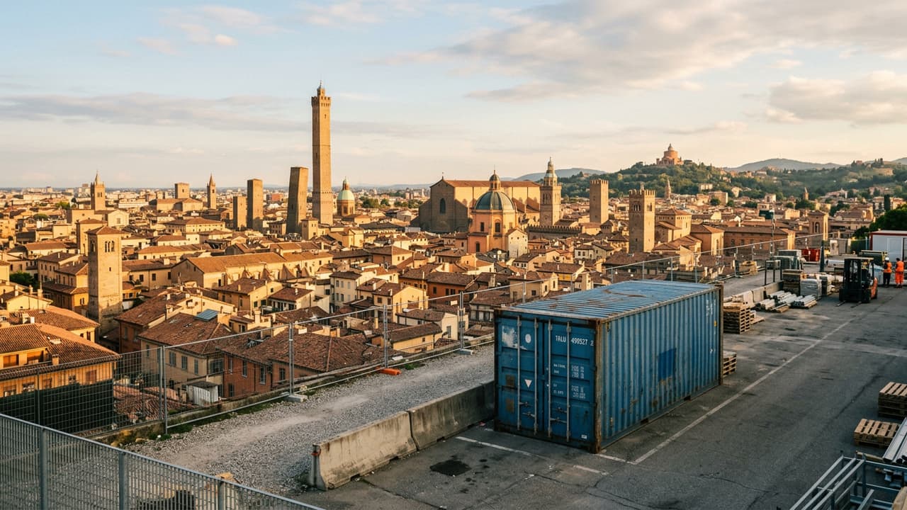 Panoramica di Bologne con zona logistica portuale o industriale in primo piano