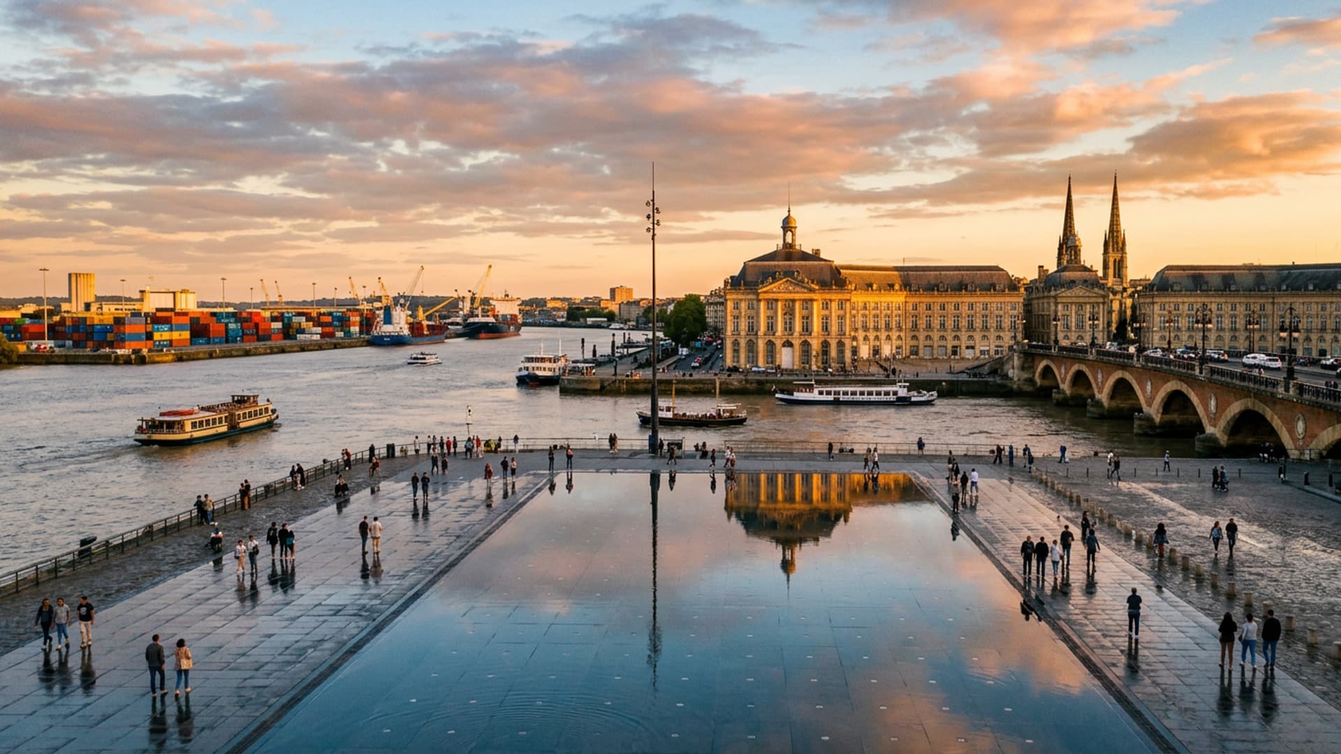 Panorama de Bordeaux avec zone logistique portuaire ou industrielle en avant-plan