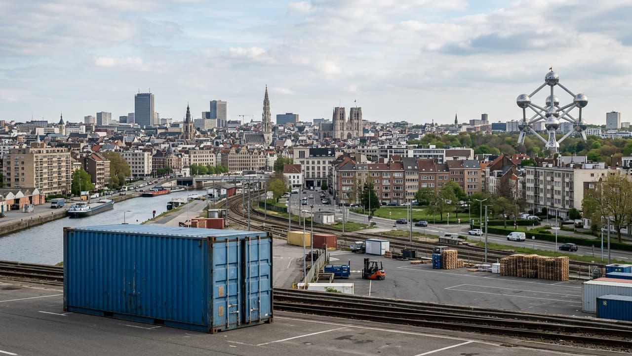 Panorama de Bruxelles avec zone logistique portuaire ou industrielle en avant-plan