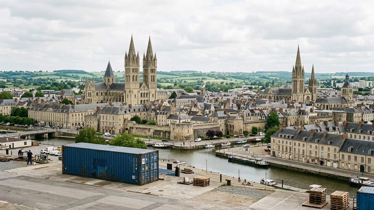 Panorama de Caen avec zone logistique portuaire ou industrielle en avant-plan