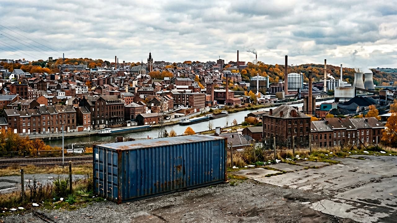 Panorama de Charleroi avec zone logistique portuaire ou industrielle en avant-plan