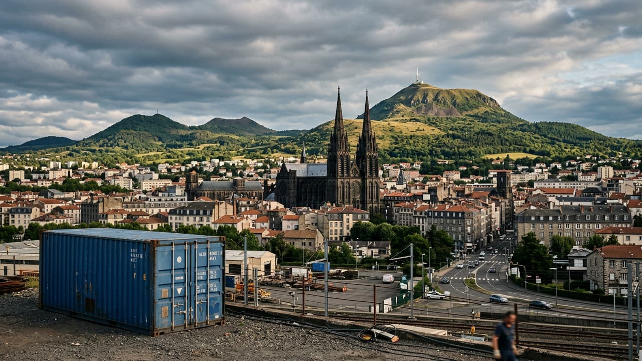 Panorama de Clermont-Ferrand avec zone logistique portuaire ou industrielle en avant-plan