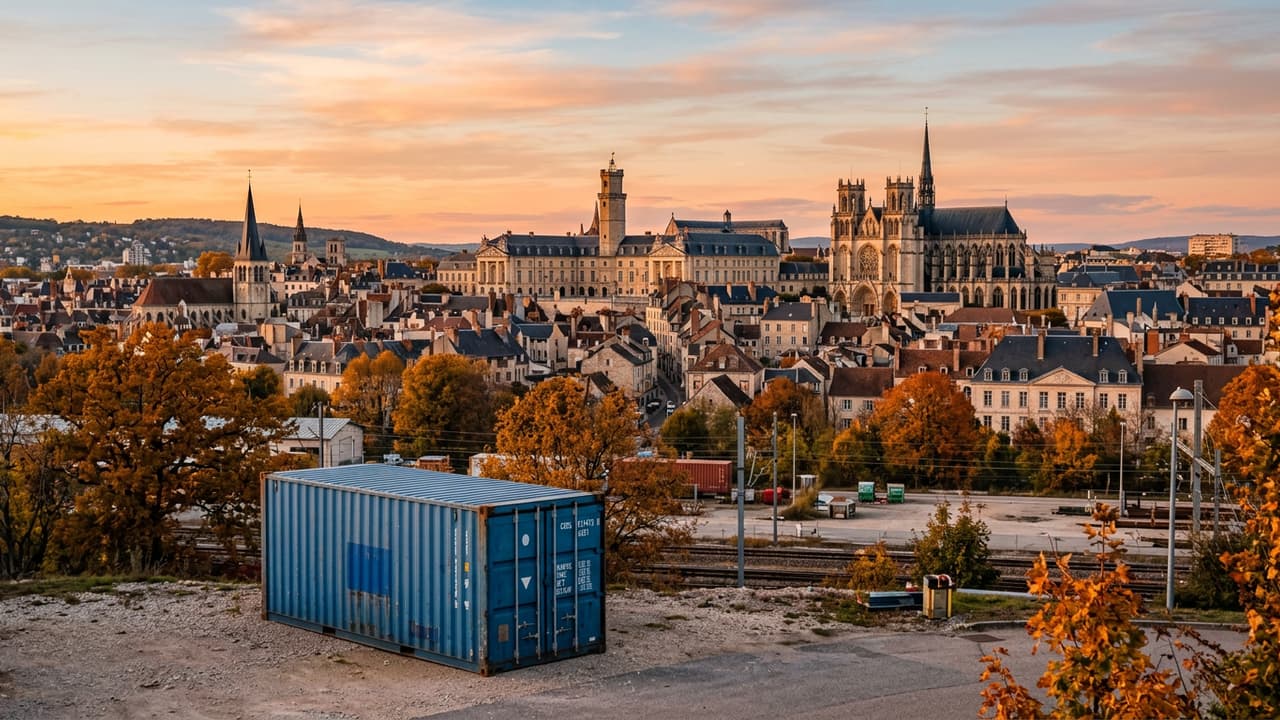 Panorama de Dijon avec zone logistique portuaire ou industrielle en avant-plan