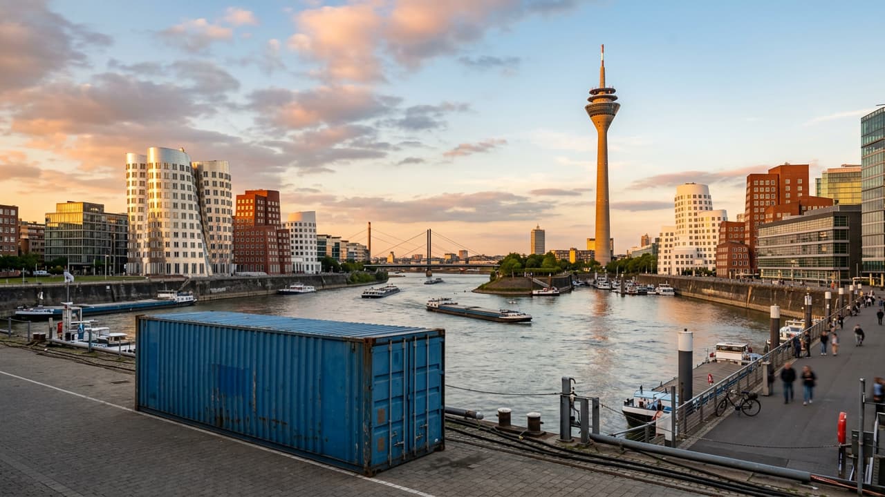 Übersicht von Düsseldorf mit Logistikzone oder Industriegebiet im Vordergrund