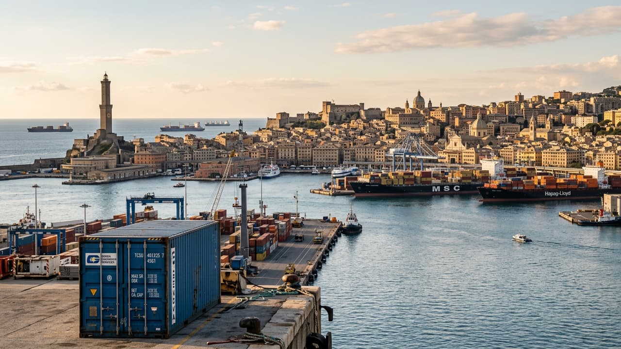 Panoramica di Gênes con zona logistica portuale o industriale in primo piano