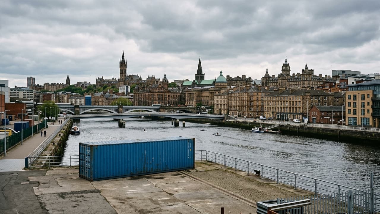 Panorama of Glasgow with port logistics or industrial zone in the foreground