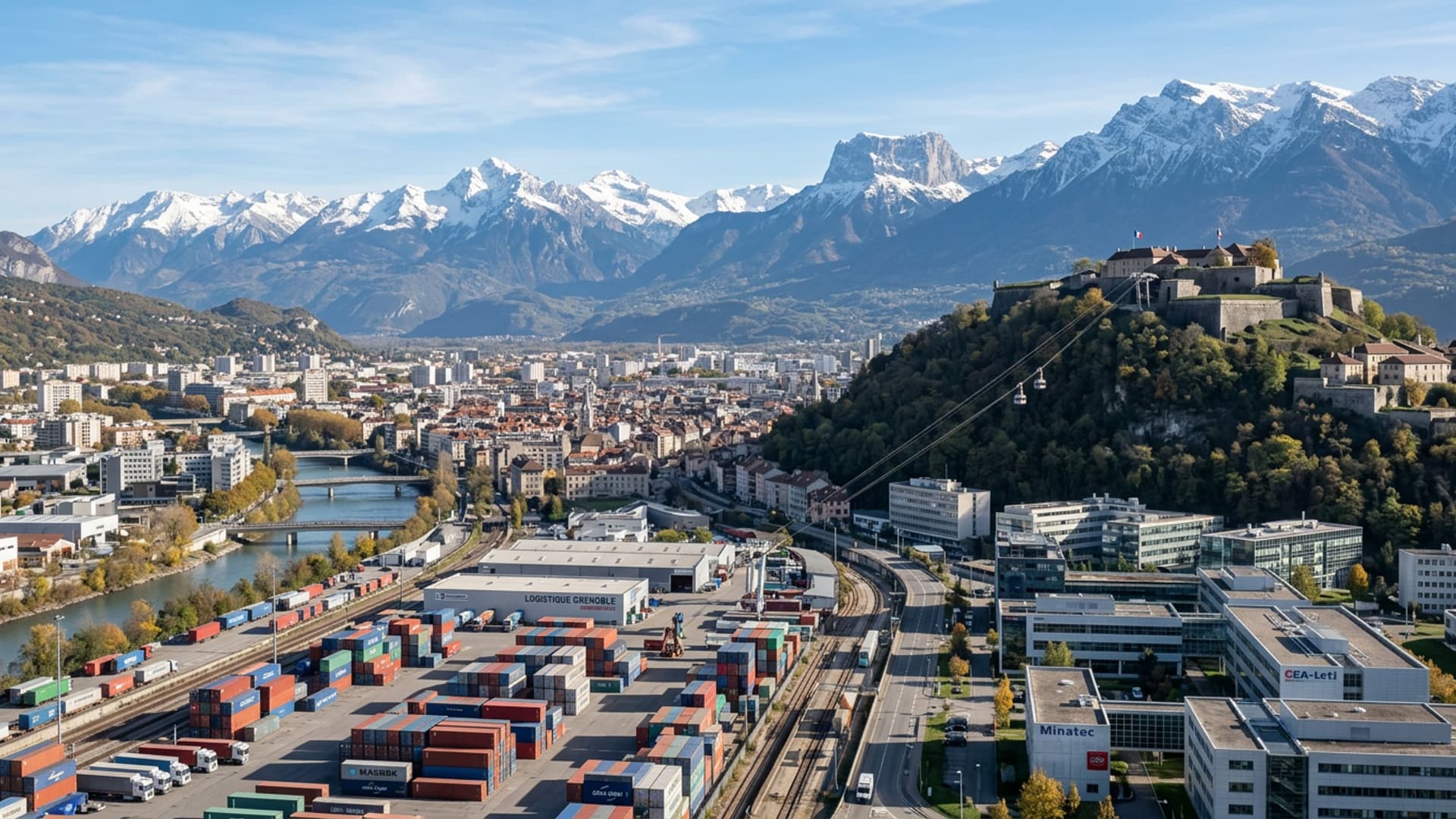 Panorama de Grenoble avec zone logistique portuaire ou industrielle en avant-plan