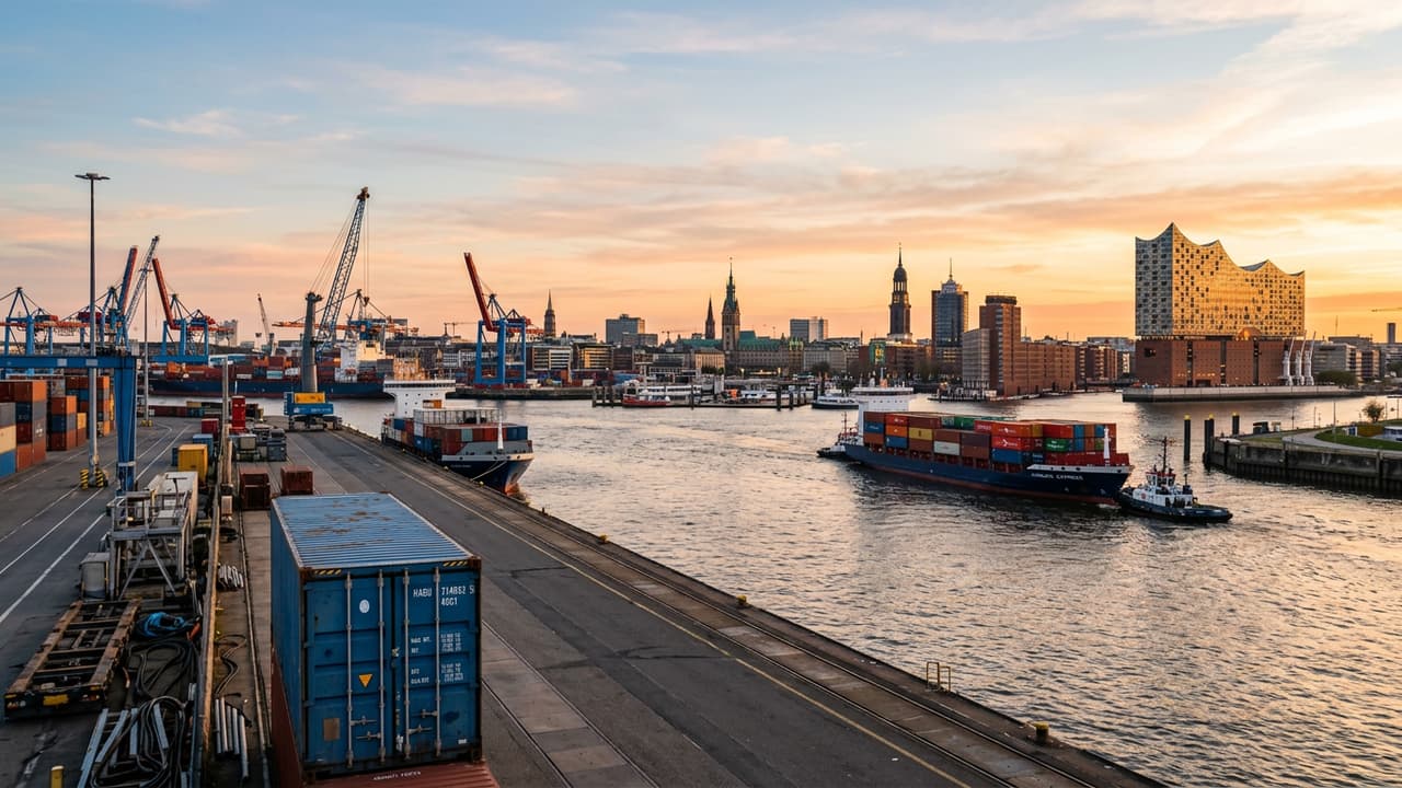 Übersicht von Hambourg mit Logistikzone oder Industriegebiet im Vordergrund