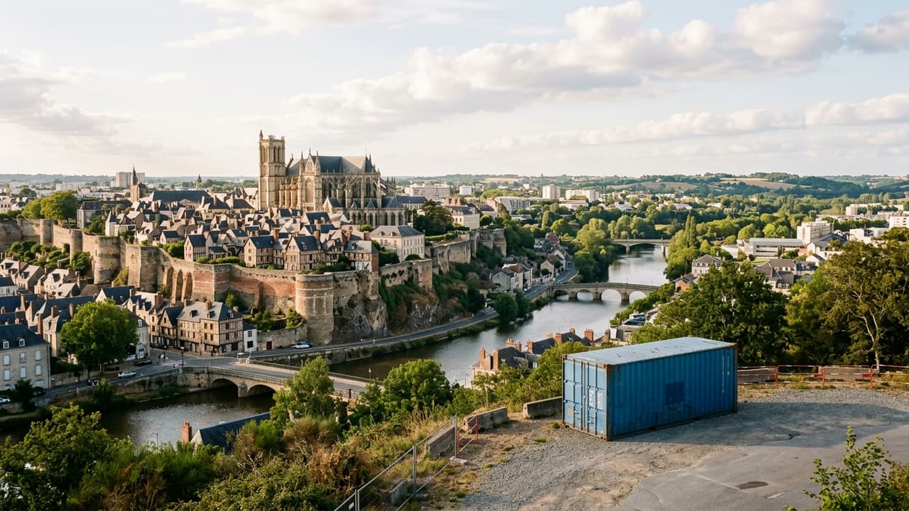 Panorama de Le Mans avec zone logistique portuaire ou industrielle en avant-plan