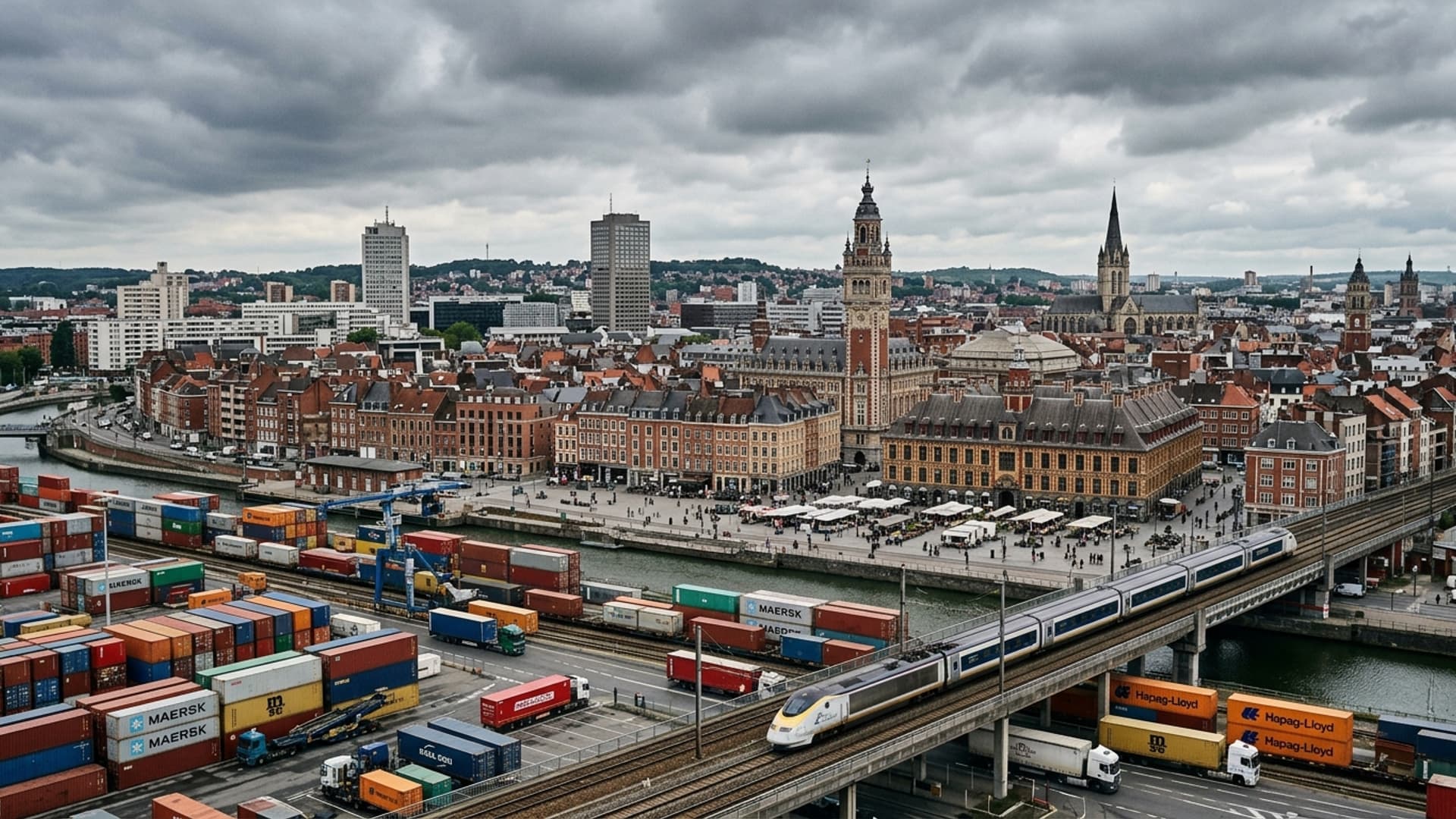 Panorama de Lille avec zone logistique portuaire ou industrielle en avant-plan