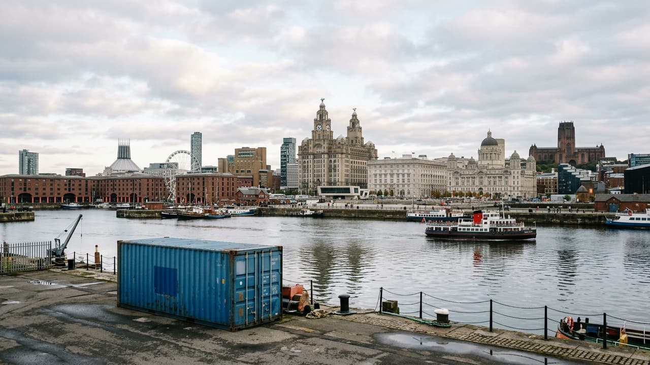 Panorama of Liverpool with port logistics or industrial zone in the foreground