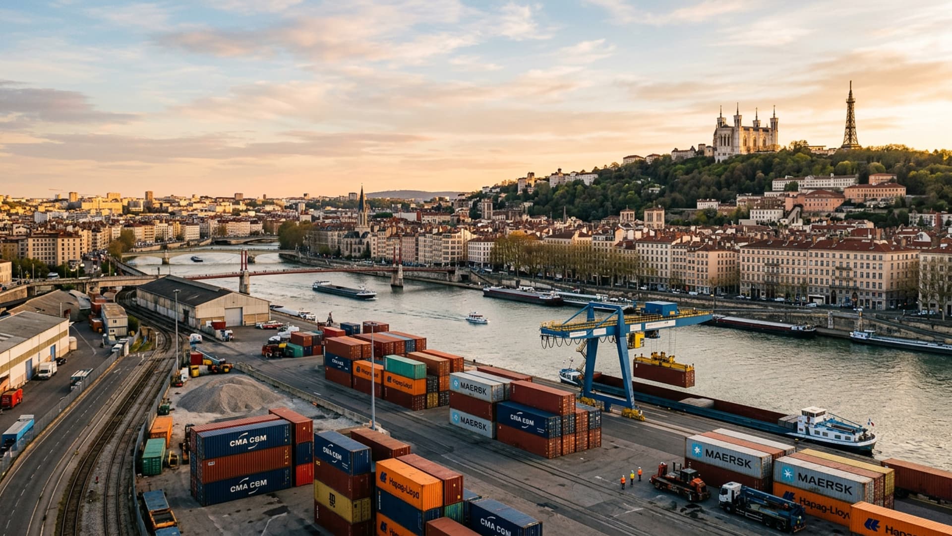 Panorama de Lyon avec zone logistique portuaire ou industrielle en avant-plan
