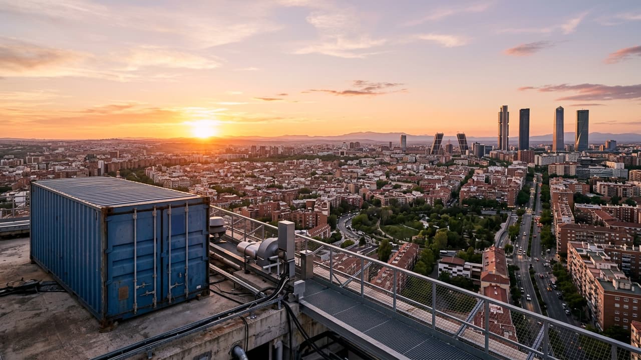 Panorama de Madrid con zona logística portuaria o industrial en primer plano