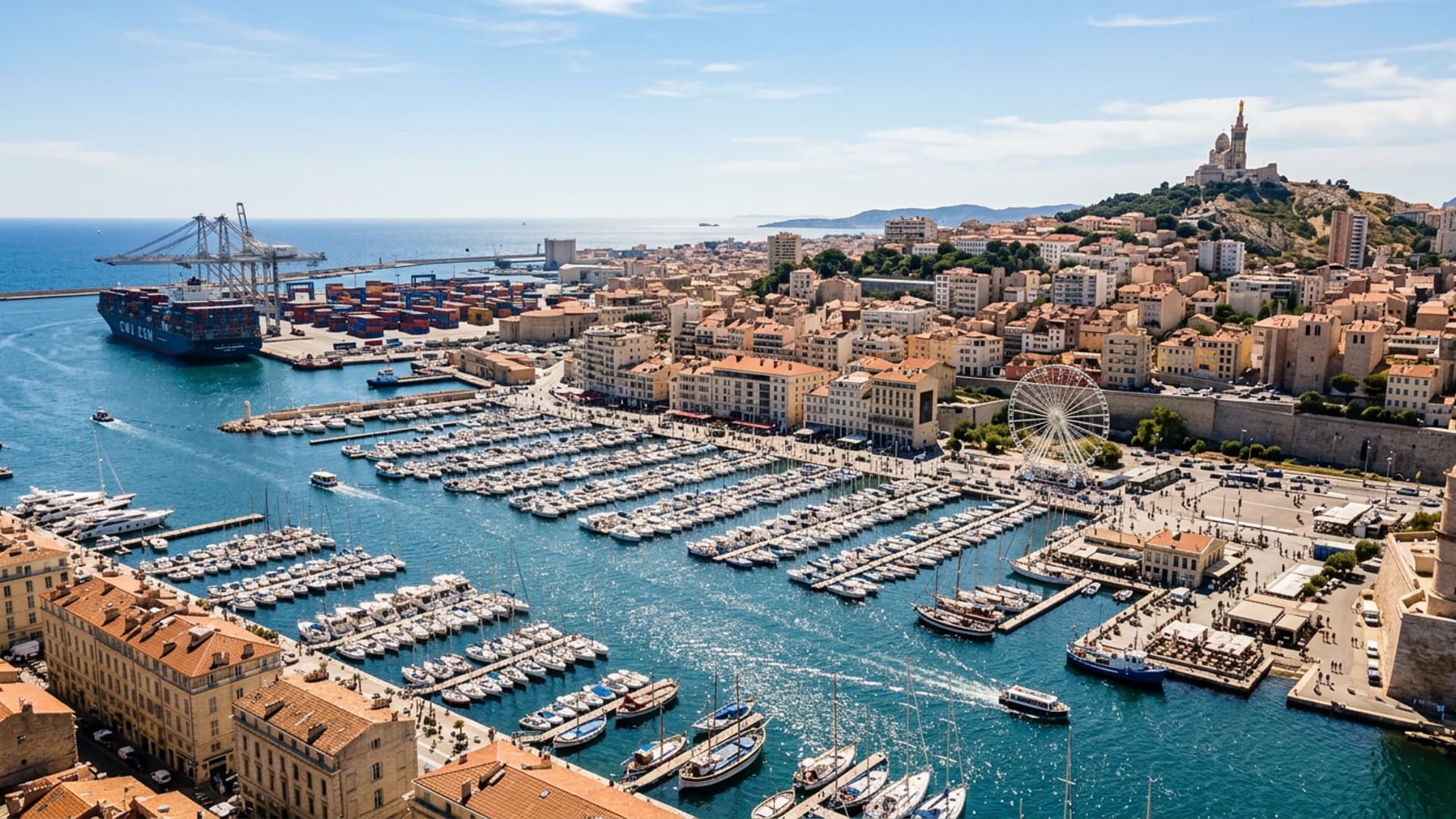 Panorama de Marseille avec zone logistique portuaire ou industrielle en avant-plan