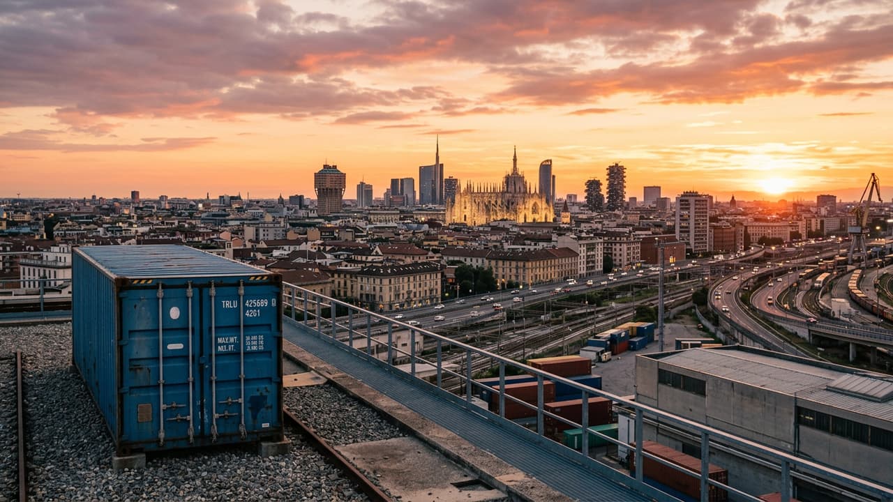 Panoramica di Milan con zona logistica portuale o industriale in primo piano