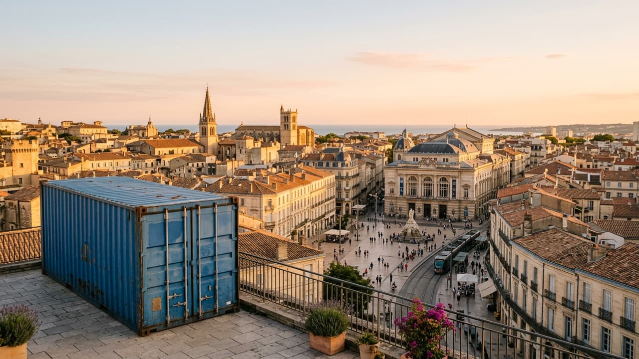 Panorama de Montpellier avec zone logistique portuaire ou industrielle en avant-plan