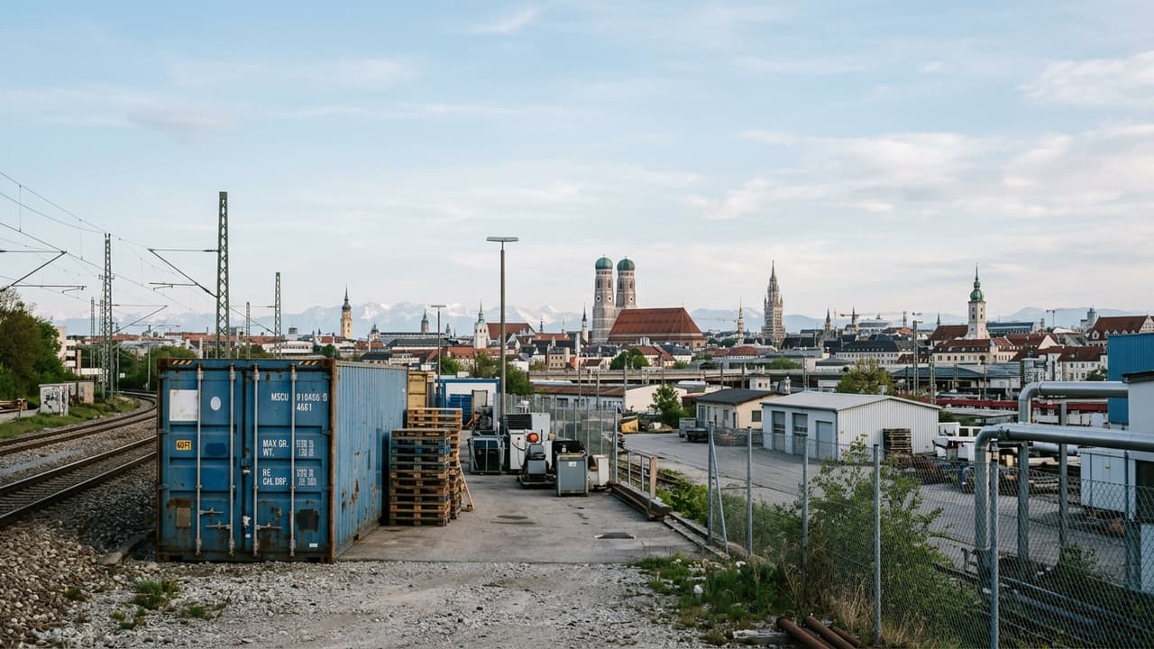 Übersicht von Munich mit Logistikzone oder Industriegebiet im Vordergrund