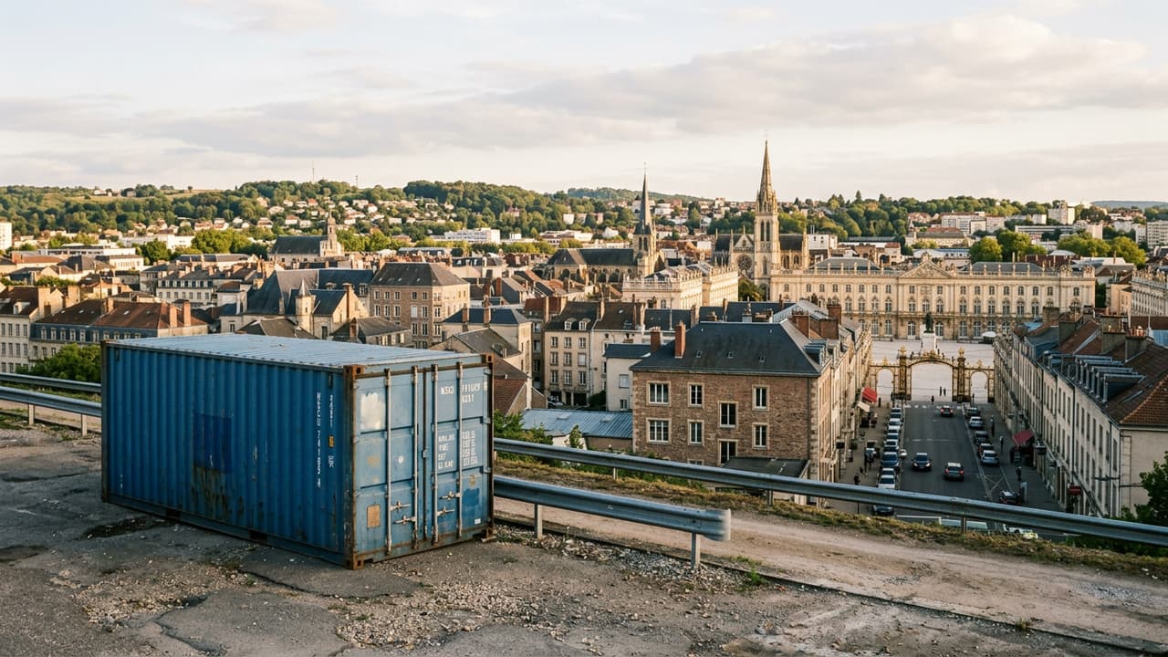 Panorama de Nancy avec zone logistique portuaire ou industrielle en avant-plan