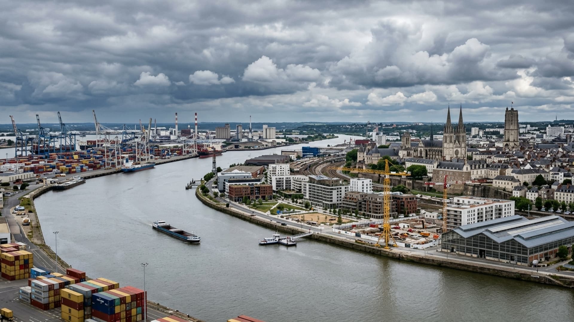 Panorama de Nantes avec zone logistique portuaire ou industrielle en avant-plan
