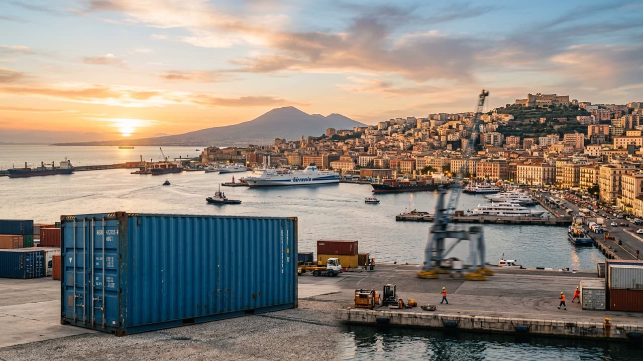 Panoramica di Naples con zona logistica portuale o industriale in primo piano