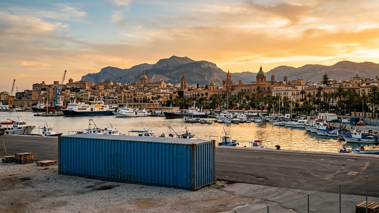 Panoramica di Palerme con zona logistica portuale o industriale in primo piano