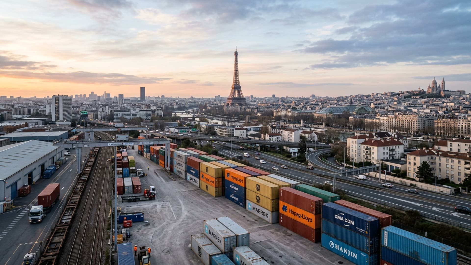 Panorama de Paris avec zone logistique portuaire ou industrielle en avant-plan
