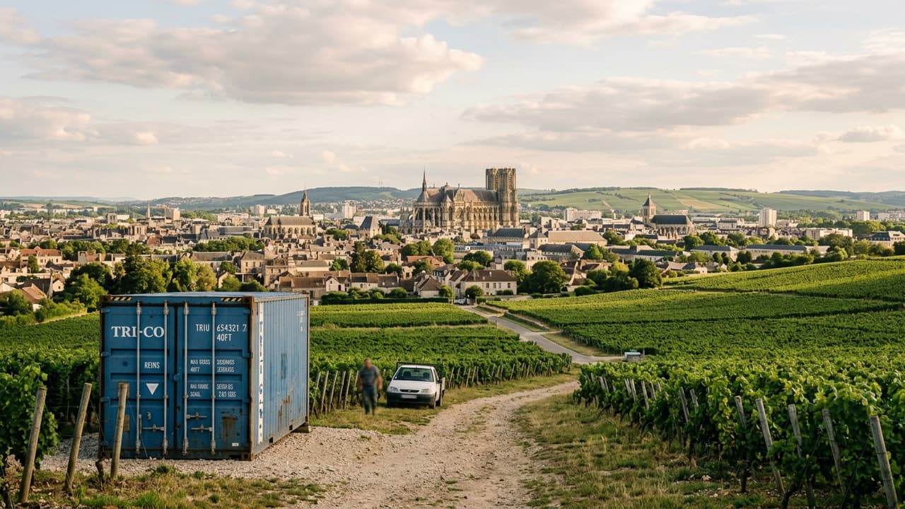 Panorama de Reims avec zone logistique portuaire ou industrielle en avant-plan