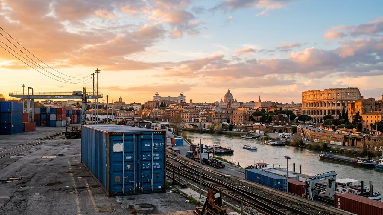 Panoramica di Rome con zona logistica portuale o industriale in primo piano