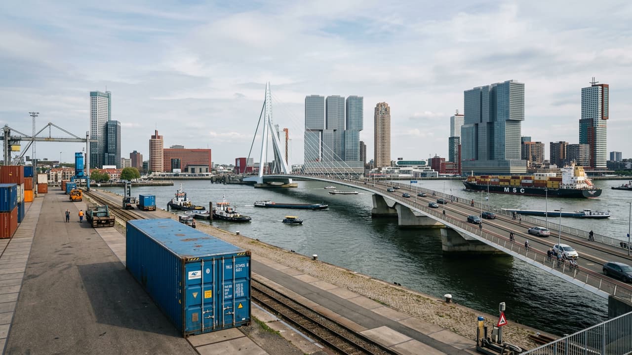 Panorama van Rotterdam met logistieke haven- of industrieterrein in close-up