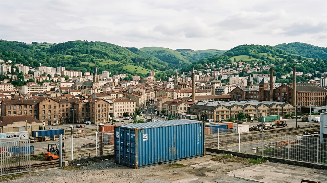 Panorama de Saint-Étienne avec zone logistique portuaire ou industrielle en avant-plan