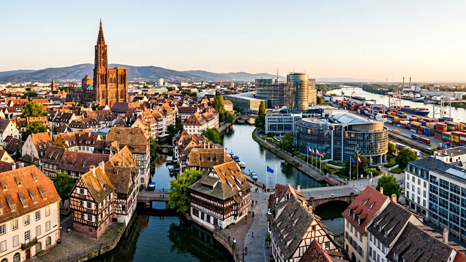 Panorama de Strasbourg avec zone logistique portuaire ou industrielle en avant-plan