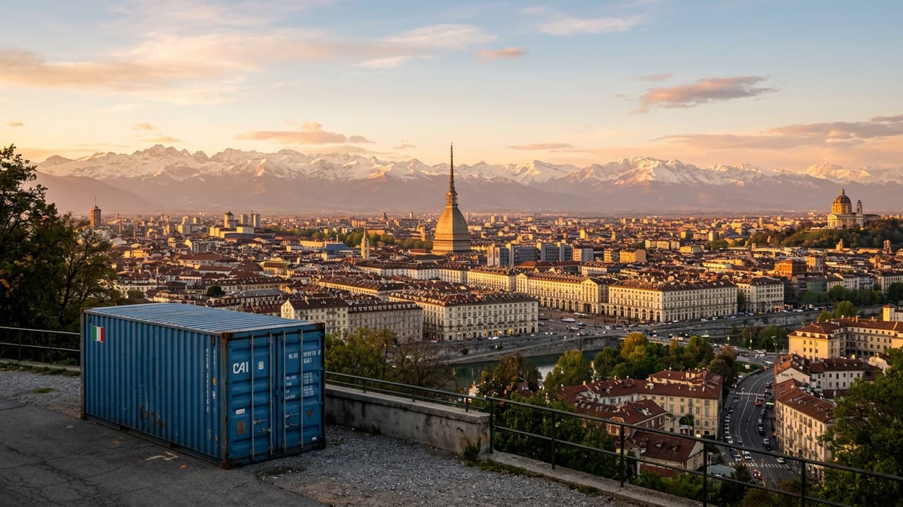 Panoramica di Turin con zona logistica portuale o industriale in primo piano