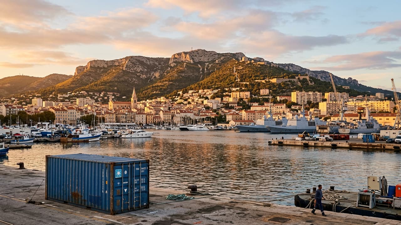 Panorama de Toulon avec zone logistique portuaire ou industrielle en avant-plan