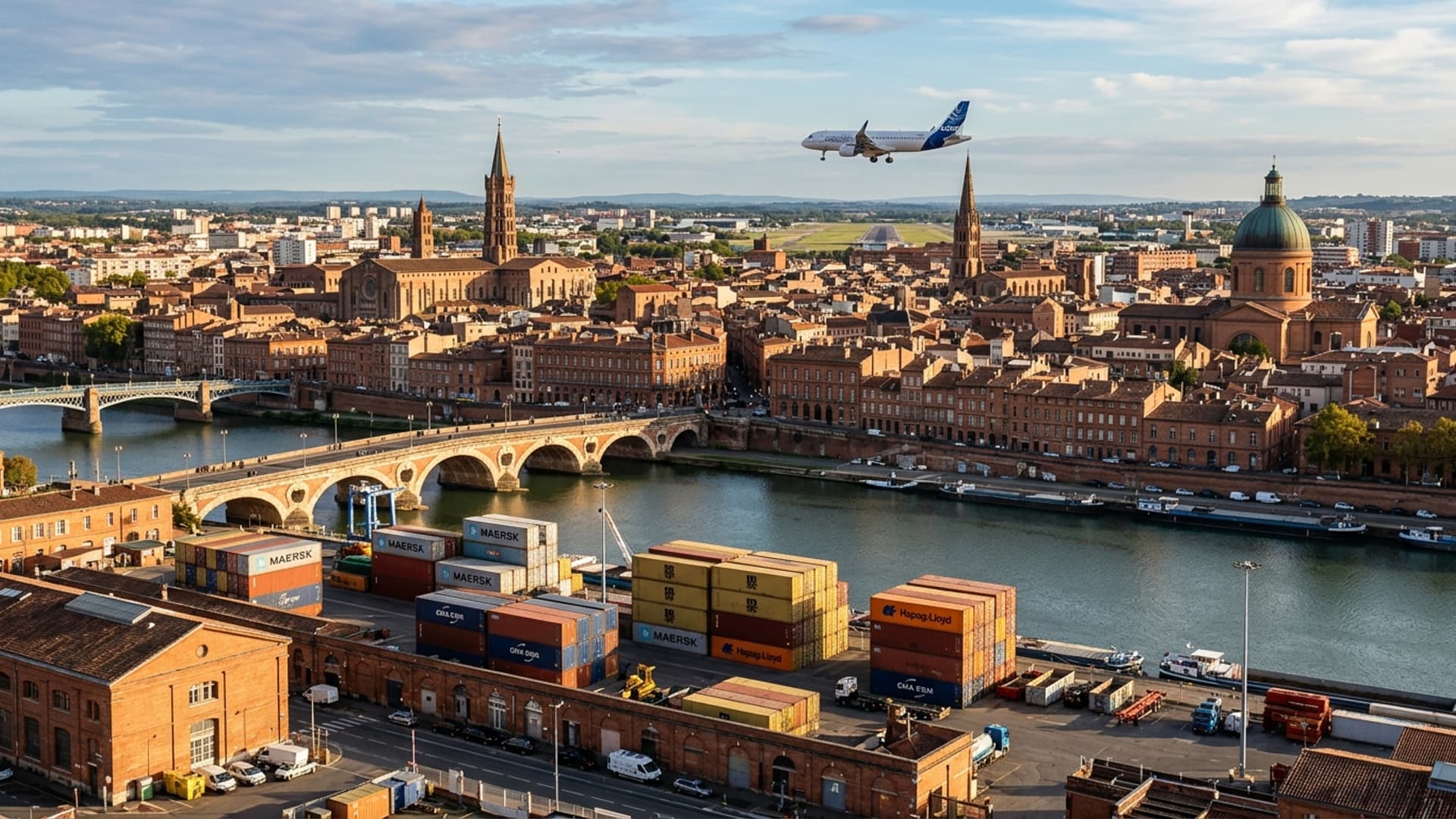 Panorama de Toulouse avec zone logistique portuaire ou industrielle en avant-plan
