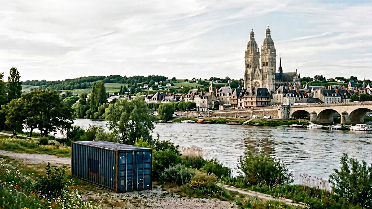 Panorama de Tours avec zone logistique portuaire ou industrielle en avant-plan