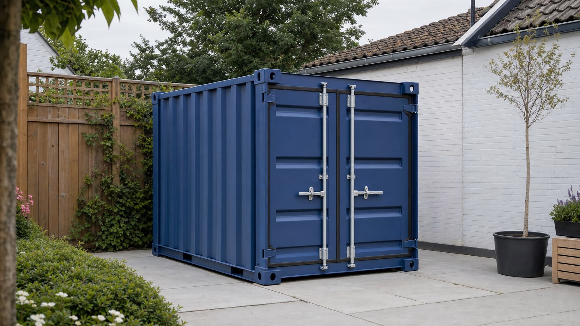10ft container placed in a small garden, doors closed