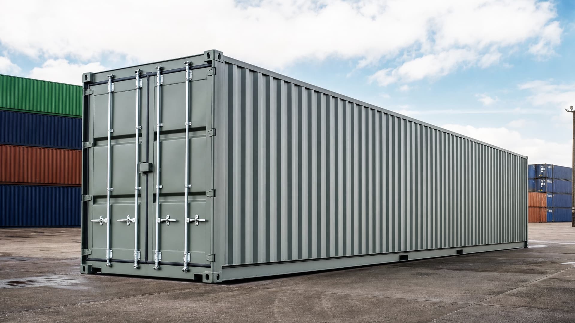 Conteneur 45 pieds high cube vu de trois-quarts sur un dépôt