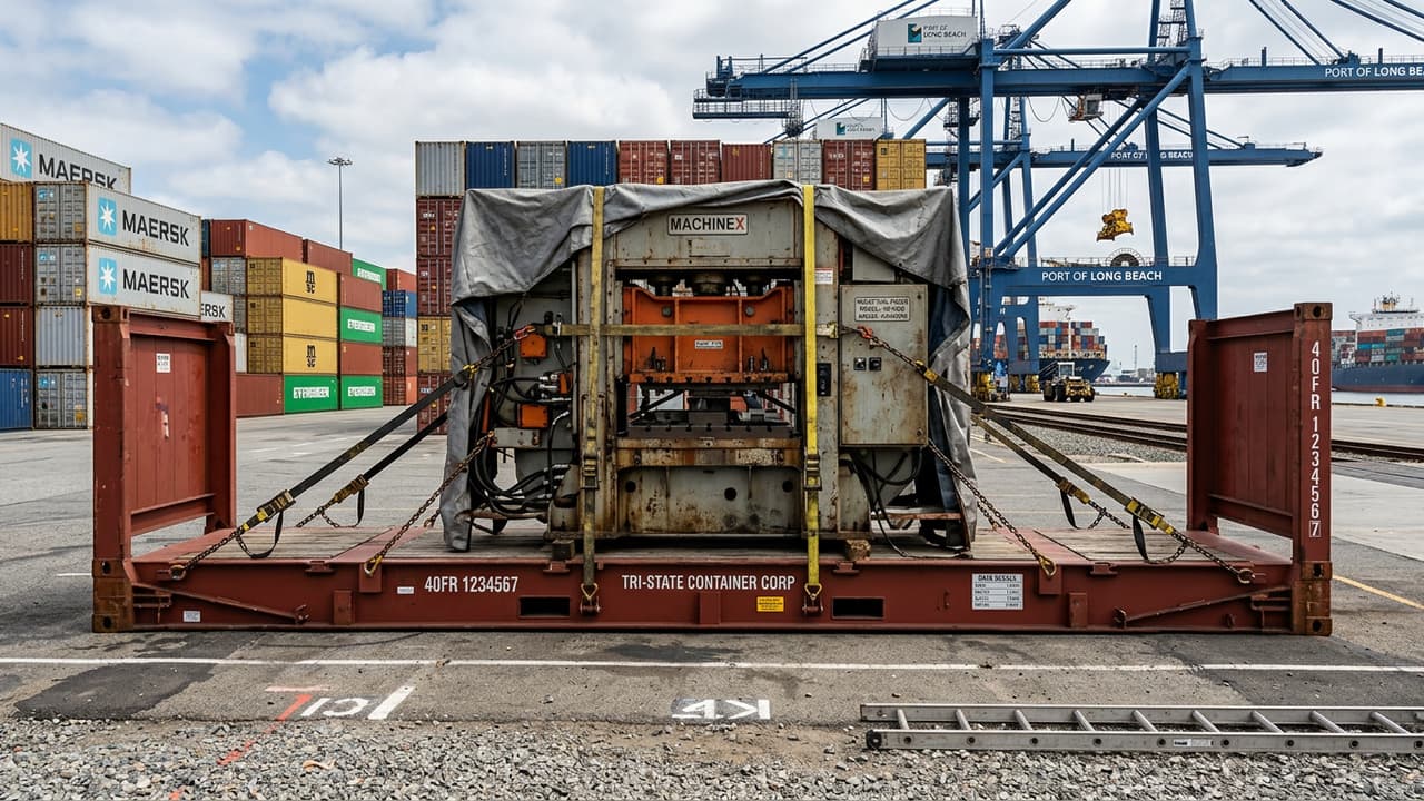 40-foot flat rack container loaded with an oversized industrial machine