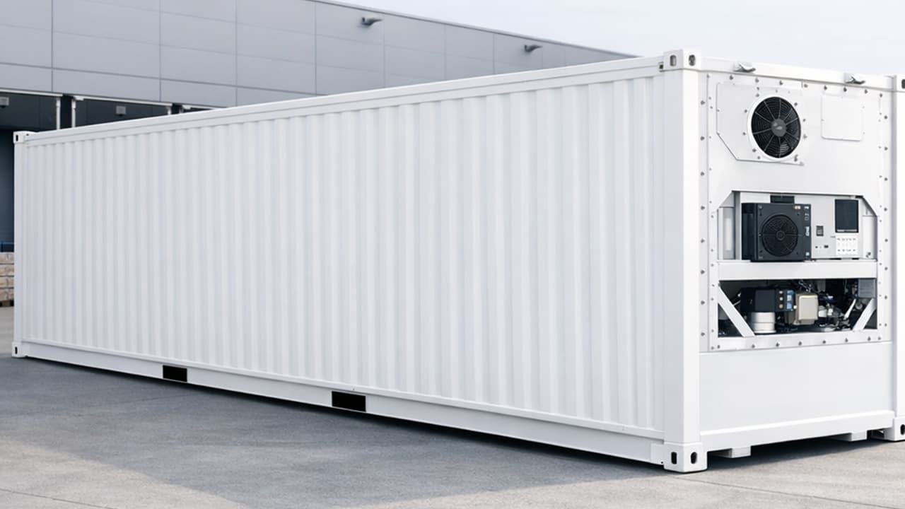 White reefer container with visible refrigeration unit connected to 415 V three-phase (BS 7671) power supply