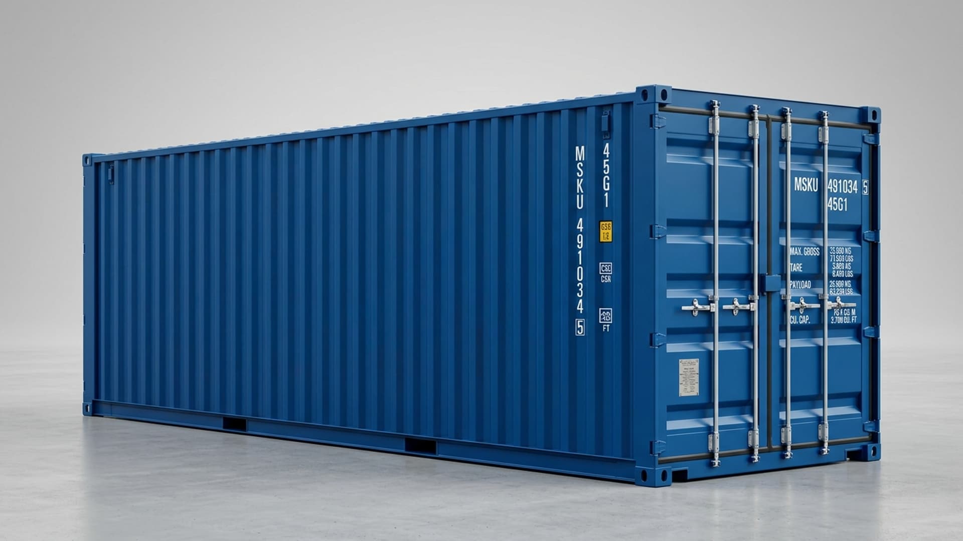 Brand new shipping container factory output with impeccable paintwork and ISO marking