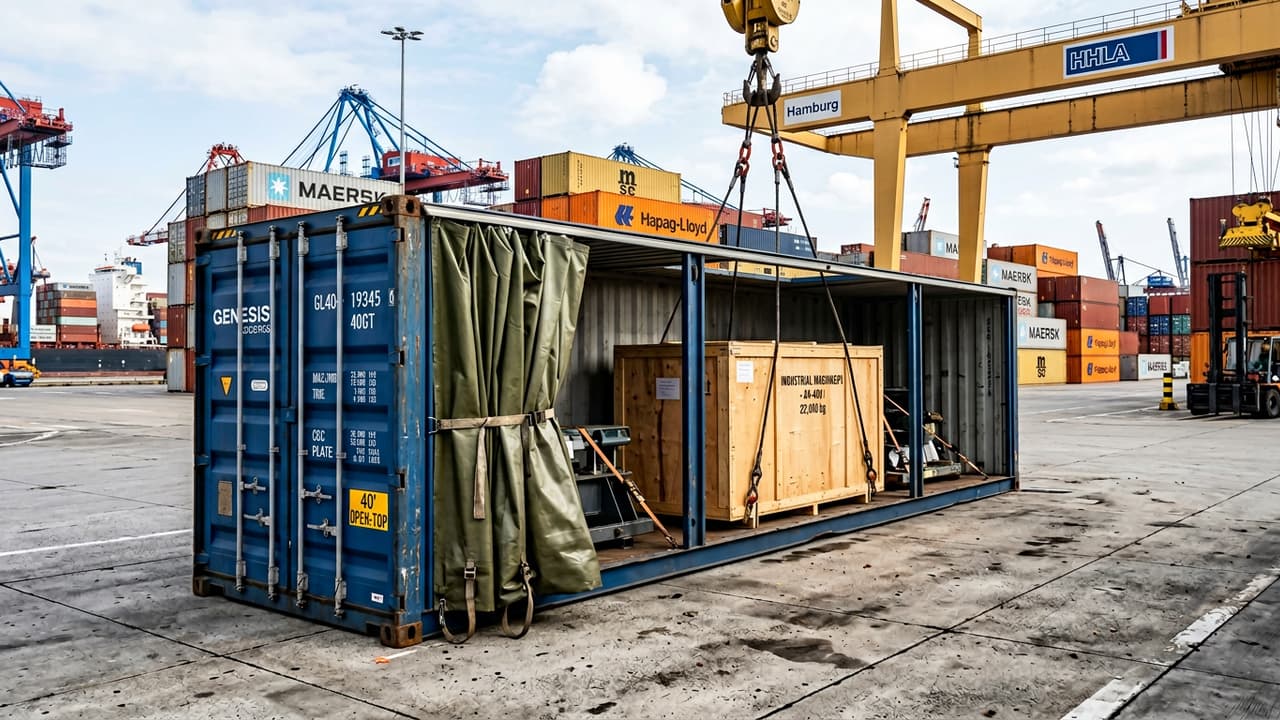 40-foot open top container with partially opened tarp during crane loading