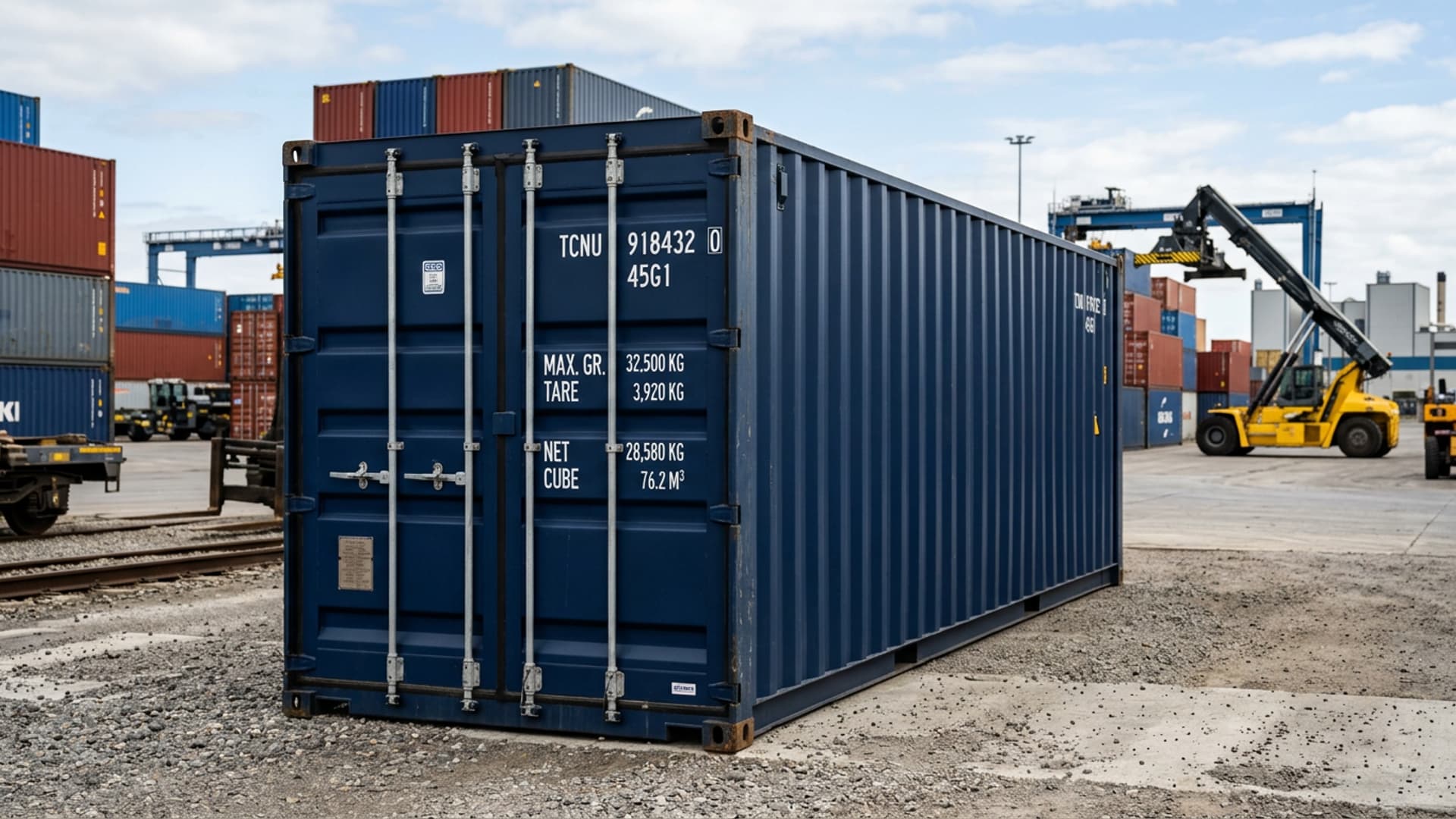 Dark blue first-trip maritime shipping container in near-new condition with slight transport marks