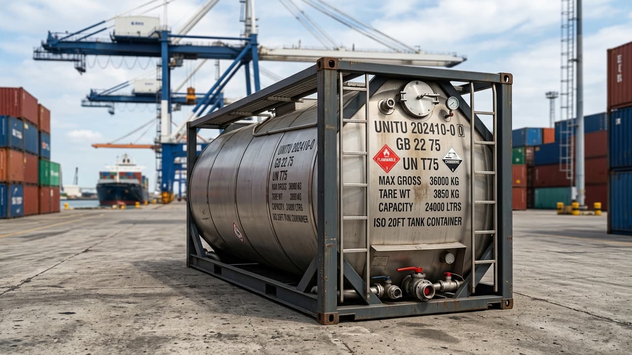 Tank container 20 feet stainless steel tank in ISO frame stored on quay
