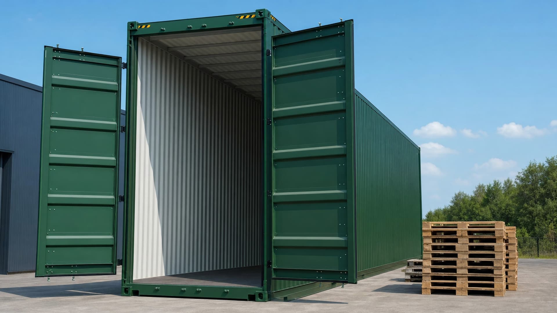 Container da 40 piedi high cube su un terreno, altezza superiore visibile, pronto al noleggio