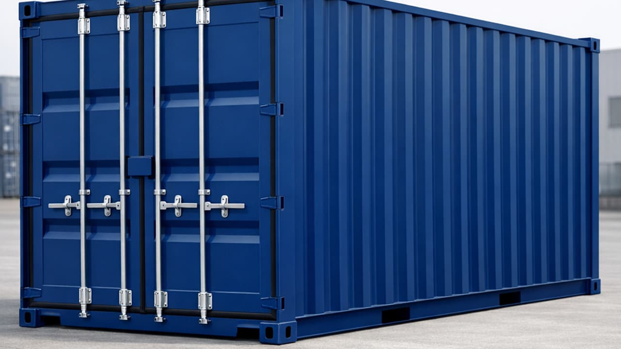 20-foot RAL 5010 blue shipping container three-quarter view