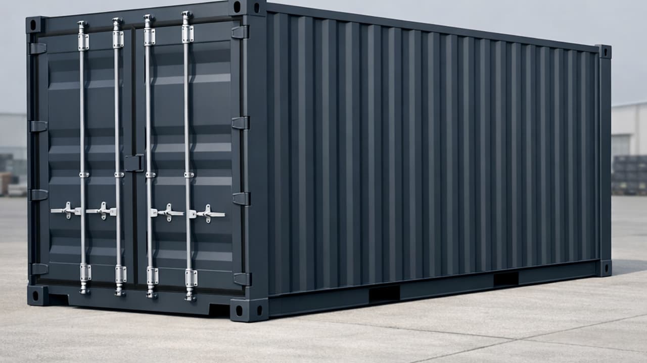 20-foot grey RAL 7016 anthracite container on an urban construction site