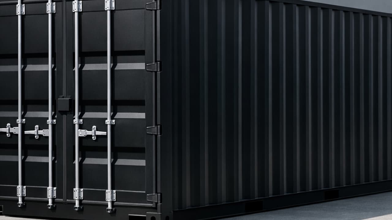 Black RAL 9005 shipping container in an urban design environment