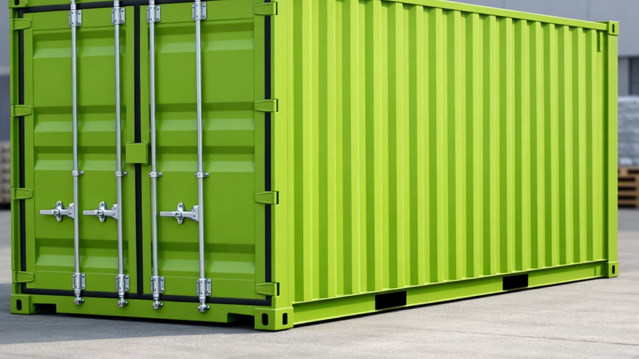 20-foot green RAL 6018 container in wooded environment